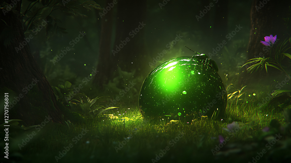 Poster luminous green orb in enchanted forest glade with beetle and violet flower mysterious scene