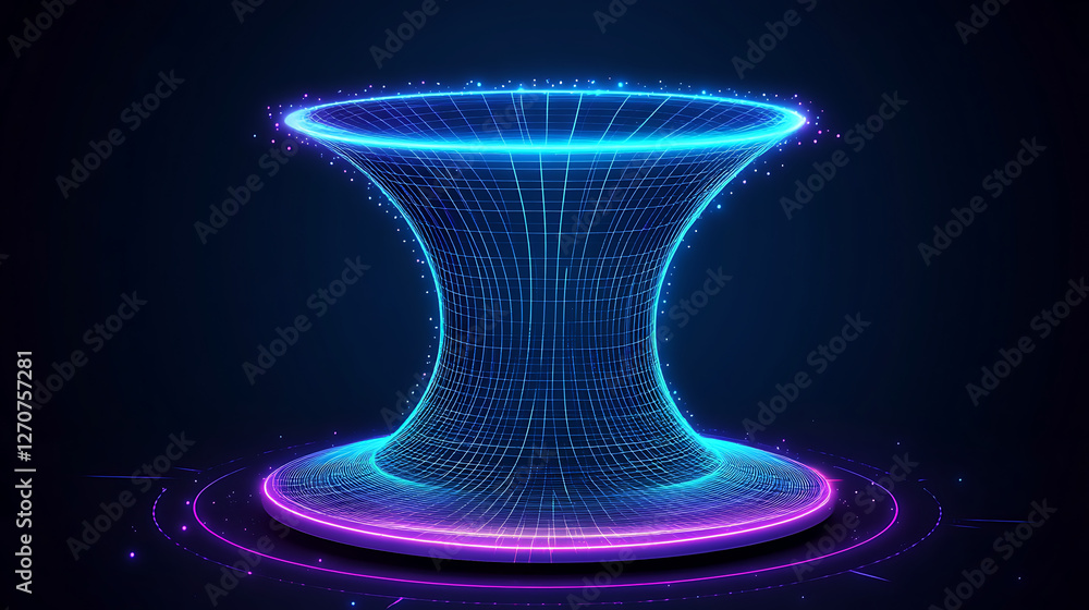 Poster luminous hyperbolic structure with vibrant grid lines and glowing particles abstract rendering