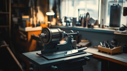 Fototapeta premium Knife Sharpening Machine in Workshop, Close-up View