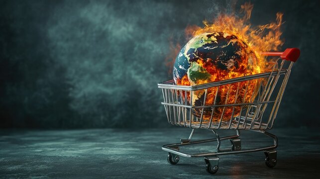 A globe on fire inside a shopping cart, representing consumerism and environmental destruction.