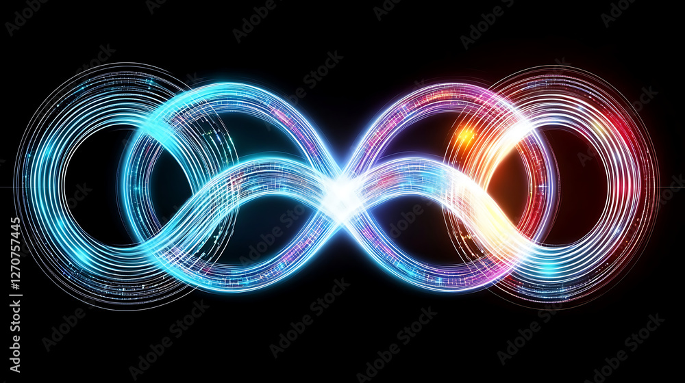 Poster luminous infinity loop design with glowing rings and dynamic light streaks on black background