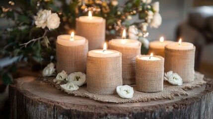 Cluster of lit candles with a rustic theme, featuring burlap and wooden details in a warm, inviting setting
