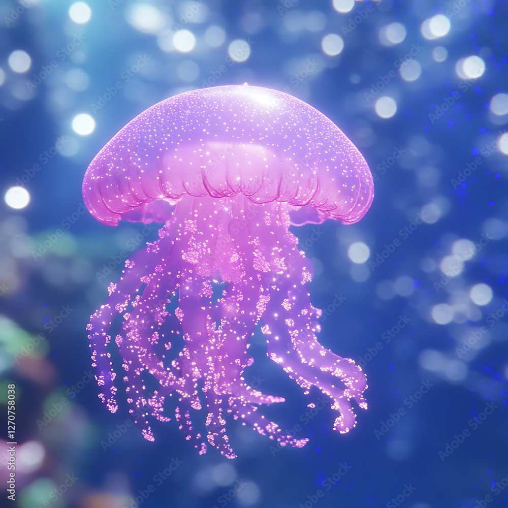 Poster luminous jellyfish floating gently in aquatic backdrop illuminated by ethereal bokeh lights