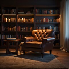 A luxurious leather armchair with deep button tufting, placed in a cozy reading nook with warm lighting and wooden bookshelves in the background