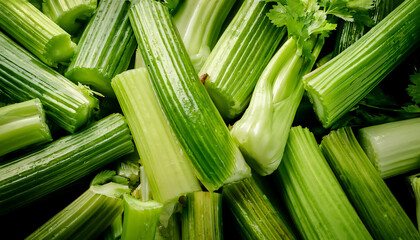 Fototapeta premium Detailed view of fresh celery stalks, emphasizing their crisp texture and light green color. Perfect for healthy food, salads, or vegetable concepts. Texture, background.
