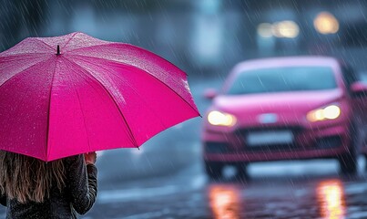 Woman Walking in the Rain with Pink Umbrella on City Street