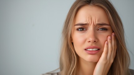  The closeup portrait shows the female model touching her face and holding her hand near her mouth, feeling or expressing the pain of a potentially gangrenous tooth condition. Tooth pain