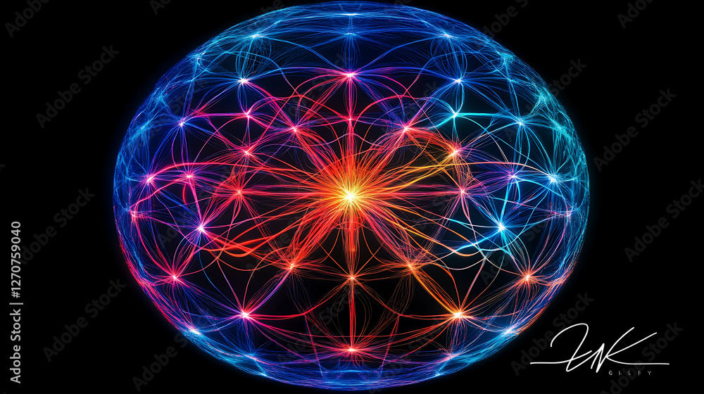 Poster luminous network sphere globe connecting points with vibrant energy pathways and geometric structure