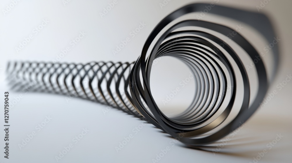 Poster curved and flexible iron spiral spring creating geometric patterns on a plain background.