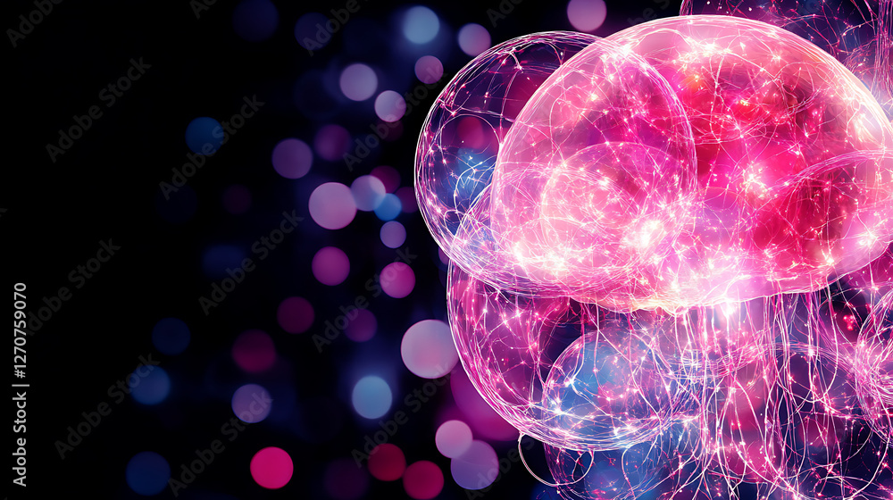 Poster luminous network spheres with abstract glowing nodes and lines overlaying blurred bokeh elements