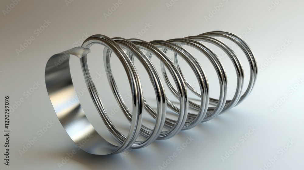 Poster curved and flexible iron spiral spring creating geometric patterns on a plain background.
