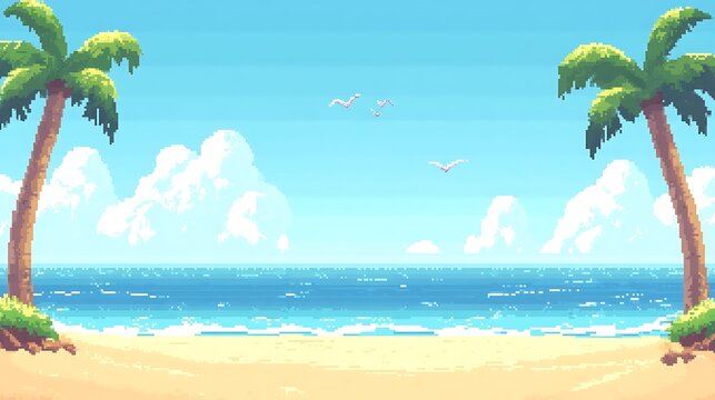 Pixel art beach scene, tropical paradise, calm ocean, sunny day, background image
