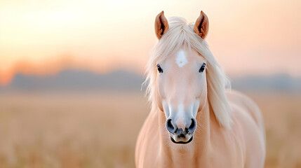 Obraz premium Palomino horse sunset field portrait, calm, serene background