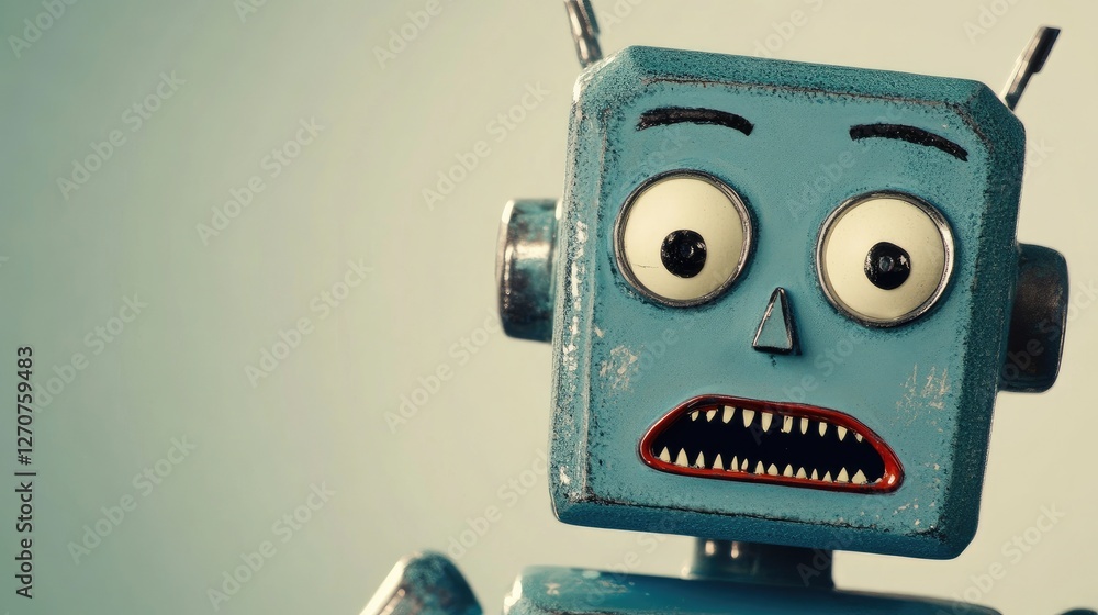Poster a robot with a human-like expression of frustration, critiquing the unrealistic expectations of ai i