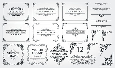 Design elements set, decorative flourish border corner and frame collection for invitation, menu and page decoration