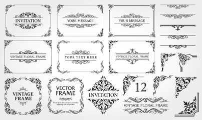 Design elements set, decorative flourish border corner and frame collection for invitation, menu and page decoration