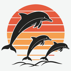 Silhouettes of dolphins jumping through a retro circular sunset design vector art and illustration