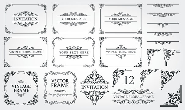 Design elements set, decorative flourish border corner and frame collection for invitation, menu and page decoration