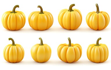 Nine yellow pumpkins isolated on white background for food design