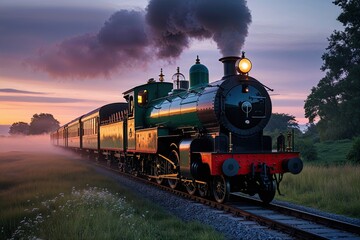 Fototapeta premium Misty Summer Dawn Journey on a Heritage Steam Train Through Twilight Colors