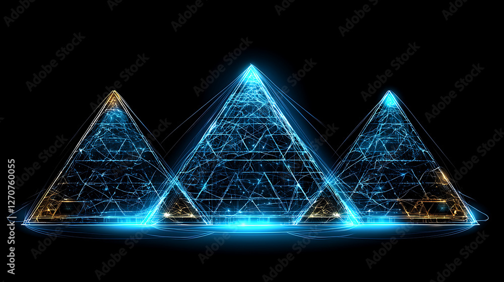 Poster luminous pyramids network digital data transmission technology light effects glowing triangles struc