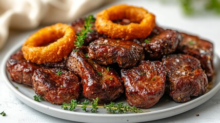 A plate of grilled meat with crispy onion rings, garnished with herbs.