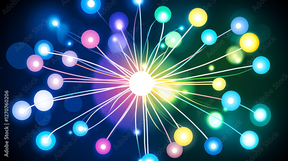 Poster luminous radiance with colorful dots and lines forming abstract network connection art