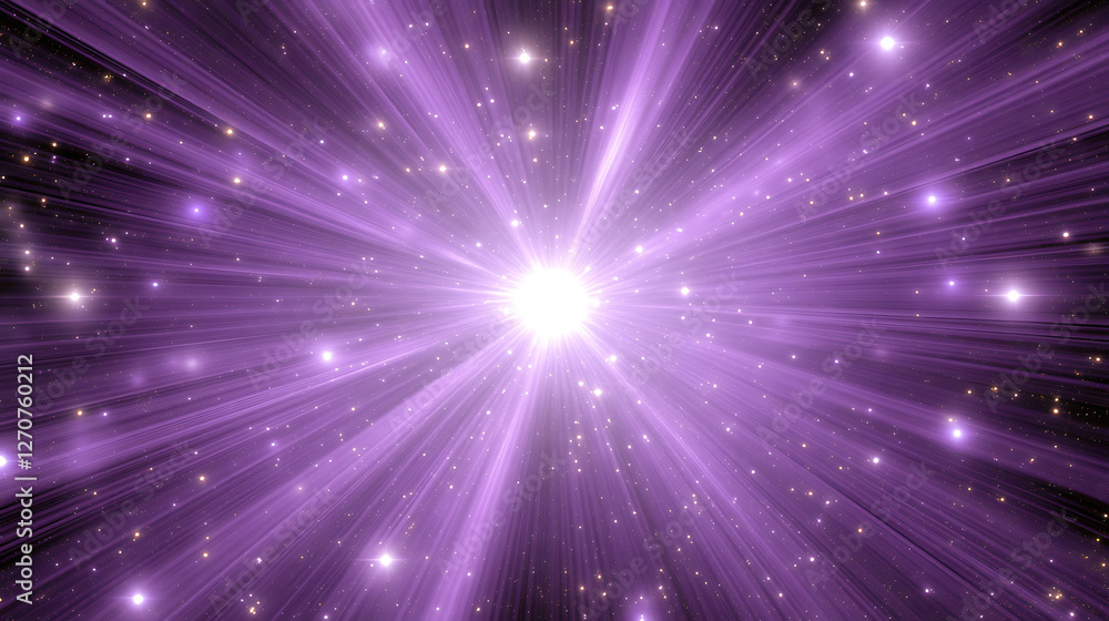 Poster luminous radiance exploding through space cosmic light burst starfield display purple tint backgroun