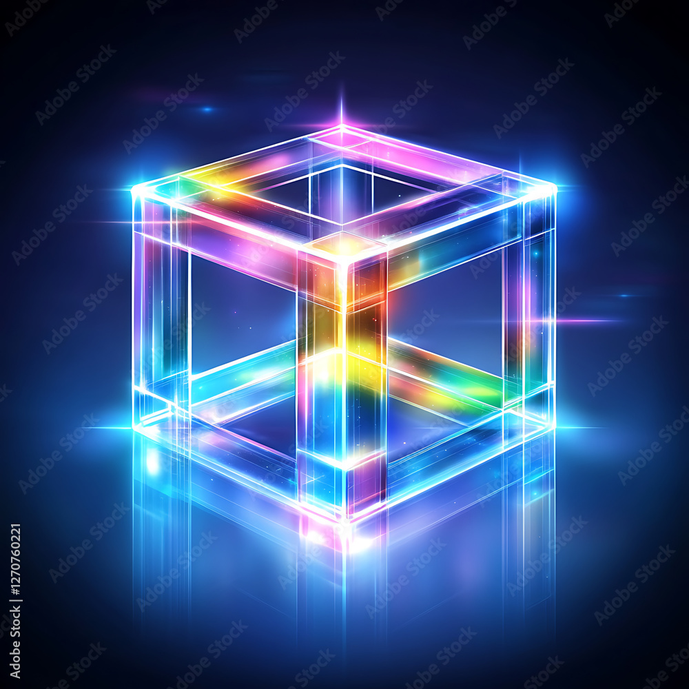Poster luminous rainbow cube visual abstract structure composition with reflective surface presentation