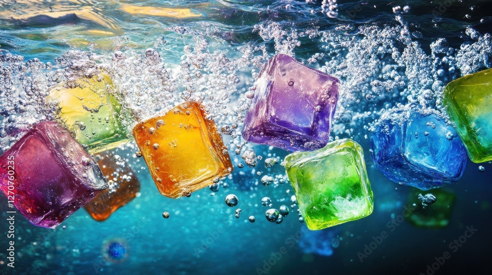 Aufkleber dynamic view of colorful ice cubes with air bubbles underwater, illuminated by soft light and vivid 