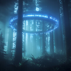 Luminous Ring Hovering Above a Dense Forest Canopy Enveloped in Mystic Blue Fog and Dense Vegetation