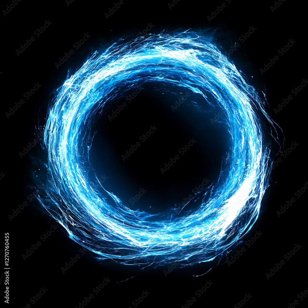 Poster luminous ring portal with energy stream trajectories and sci-fi elements in a black backdrop