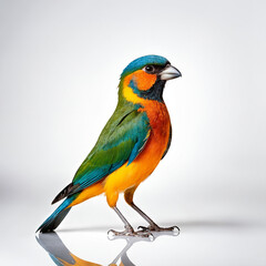 Fototapeta premium A vibrant, multi-colored bird with a distinctive blue head, green wings, and orange-yellow body stands against a clean, reflective background
