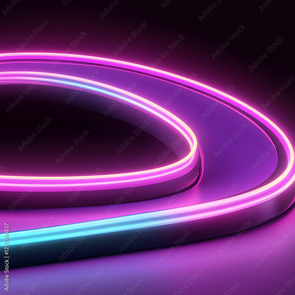 Poster luminous rings of color gradient illustration on dark background with a glossy platform surface