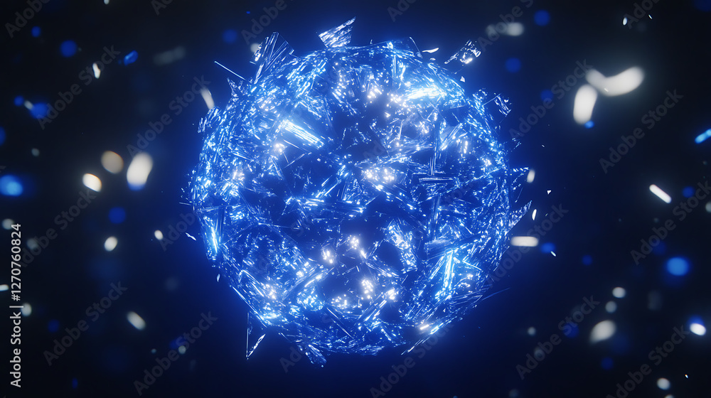 Poster luminous shattered sphere of azure light exploding in dark space abstract scifi background