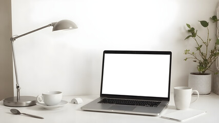 Fototapeta premium A clean workspace with a modern laptop featuring a blank screen for website or branding mockups, a sleek lamp, and a coffee cup, creating a productivity-focused setting