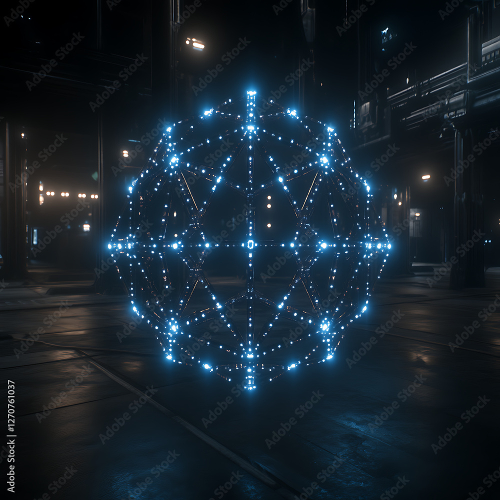 Poster luminous sphere lattice floating in dark industrial space with abstract light design elements