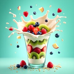 fruit explosion in a yogurt cup. The glass cup is filled with neatly layered slices of bananas, kiwis, strawberries, and other fresh fruits. A dynamic splash of creamy yogurt bursts from the cup,