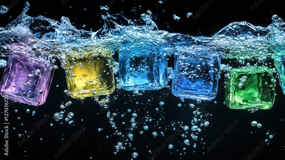 Poster dynamic view of colorful ice cubes with air bubbles underwater, illuminated by soft light and vivid 