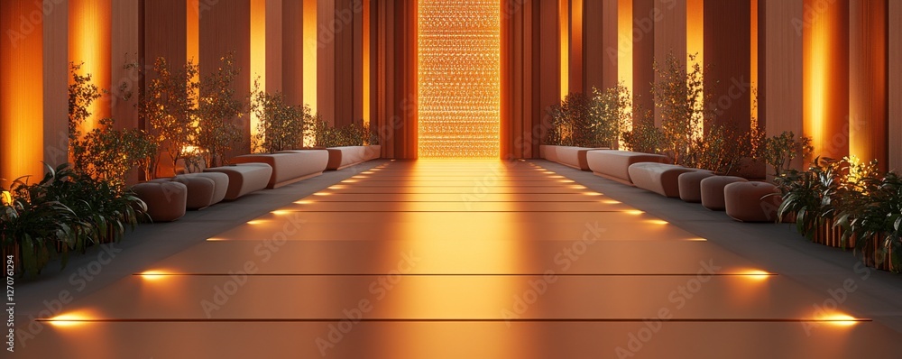 Aufkleber a warm, illuminated corridor lined with plants, featuring soft lighting and elegant columns that cre