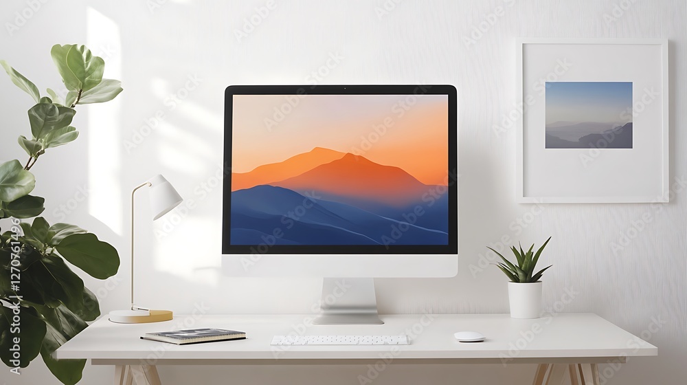 Poster home office workspace with computer and artwork