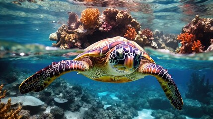 Obraz premium Two sea turtles are swimming above a vibrant coral reef underwater.