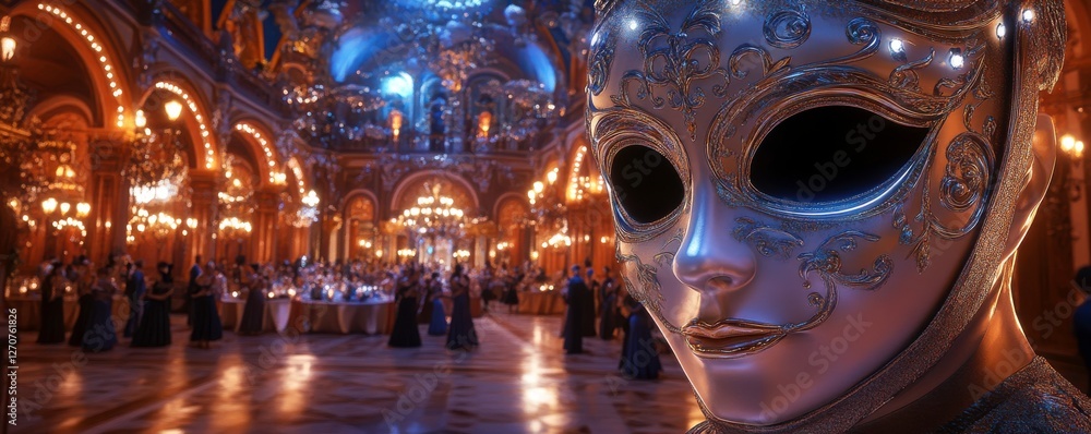 Poster a mysterious masked figure stands in an opulent ballroom adorned with intricate details and warm lig