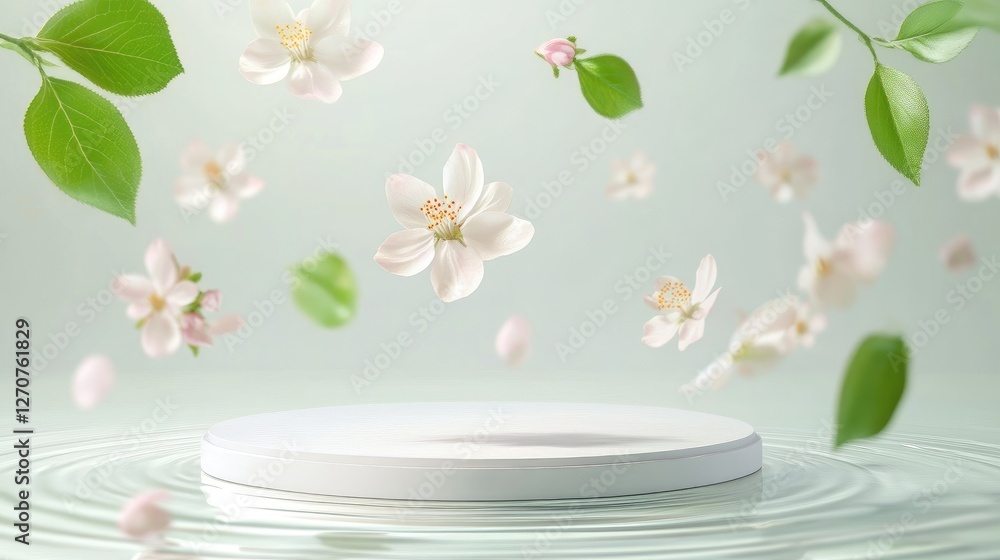 Fototapete elegant 3d podium with floating spring leaves and blooming flowers, a soft natural setting for produ