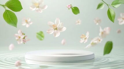 Elegant 3D podium with floating spring leaves and blooming flowers, a soft natural setting for product placement.