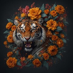 Design a tattoo concept featuring a tiger intertwined with flowers and flames.