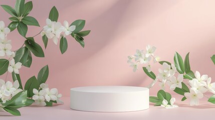 Elegant white 3D podium with soft spring florals and green leaves, set against a pastel background, minimalist aesthetic