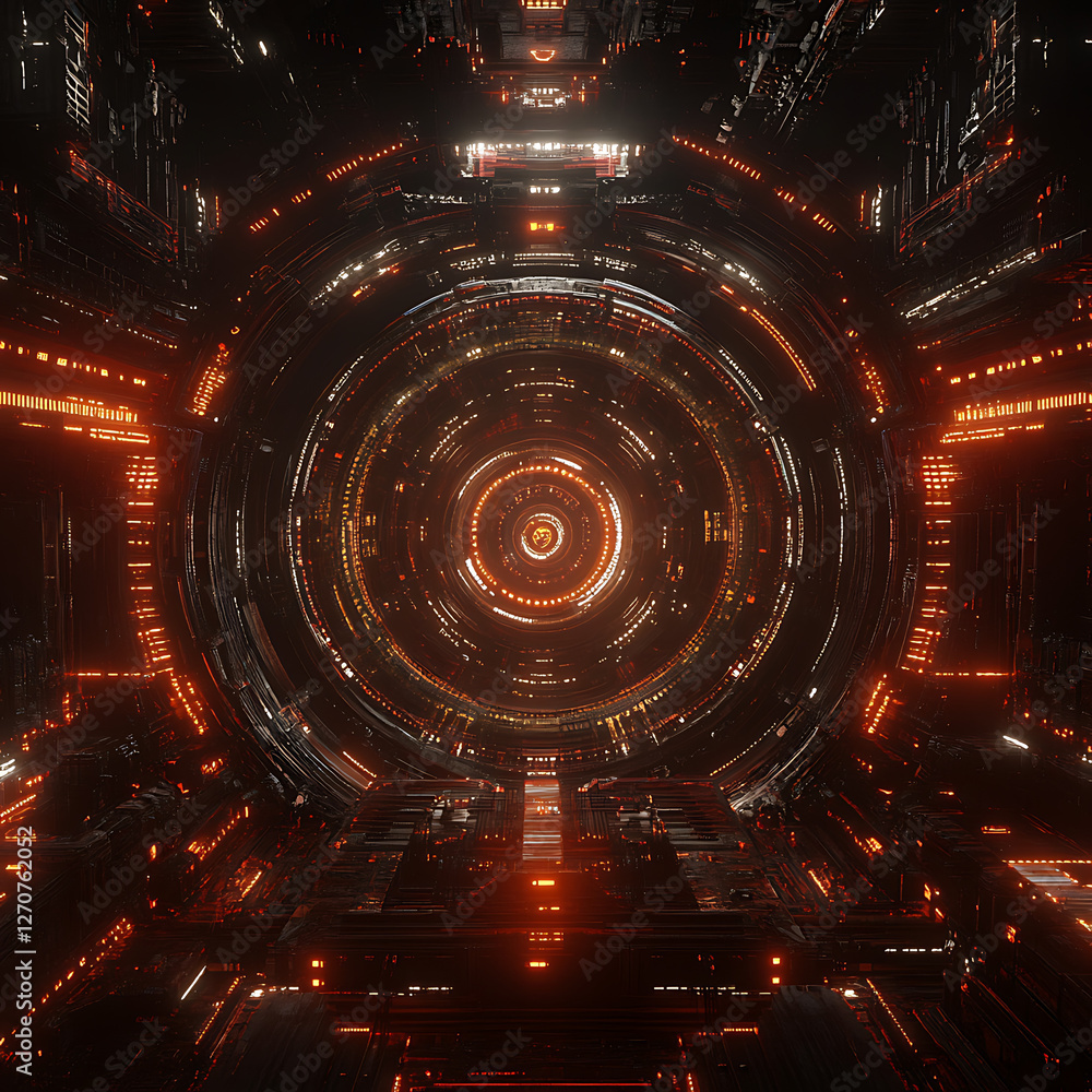 Poster luminous technological portal sci fi corridor with intricate circular design futuristic gateway