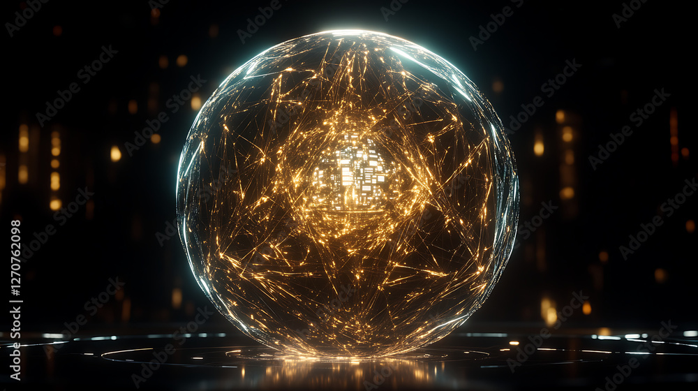 Poster luminous technological sphere networks and abstract central cube complex innovation display