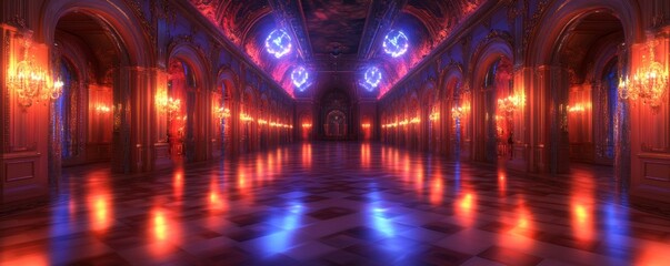 Fototapeta premium A stunning, illuminated hall featuring ornate architecture with colorful lights reflecting off polished floors.